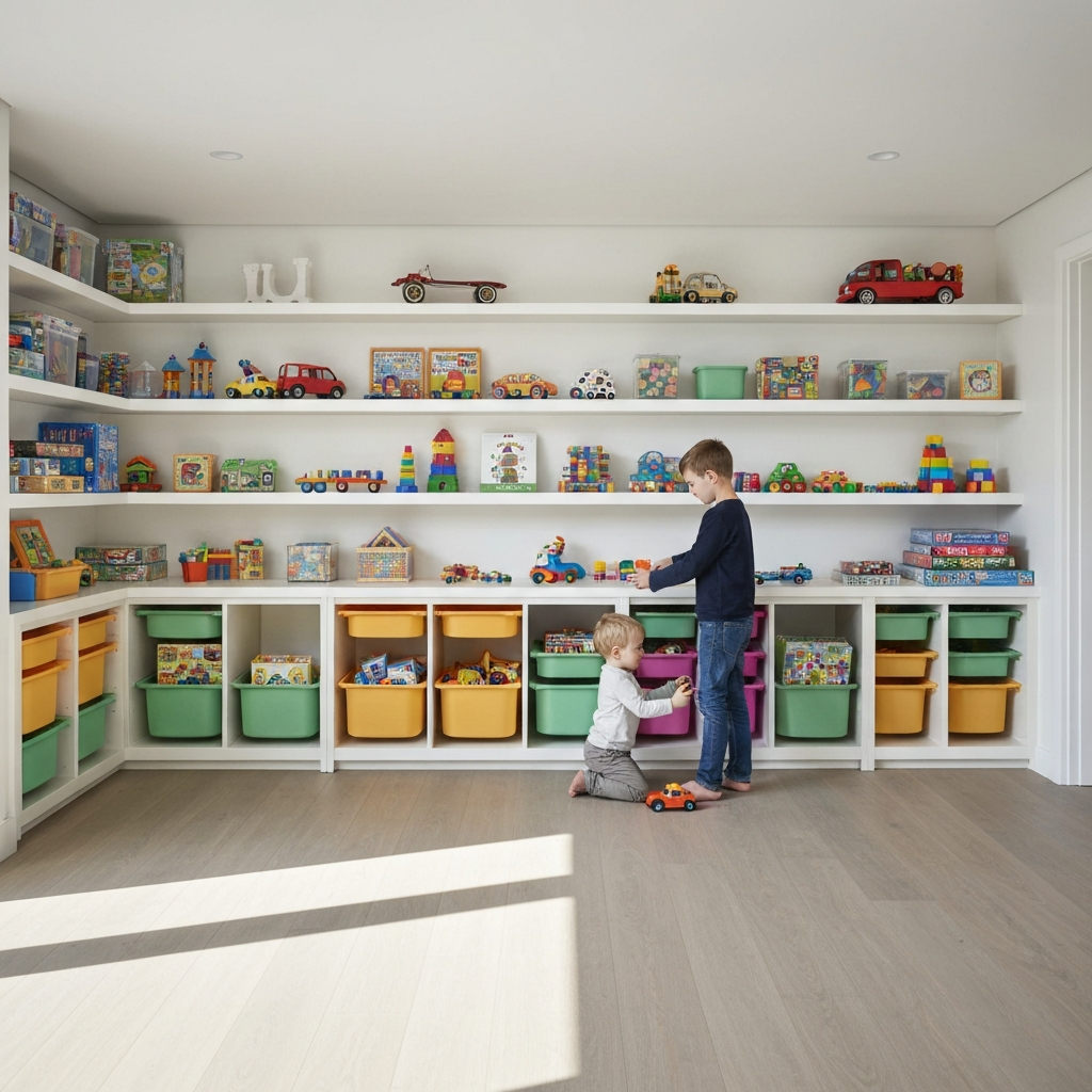 A well-organized playroom. Colorful bins and shelves line the walls, filled with toys and games. A child is putting a toy car into its designated bin. The room is brightly lit and tidy.