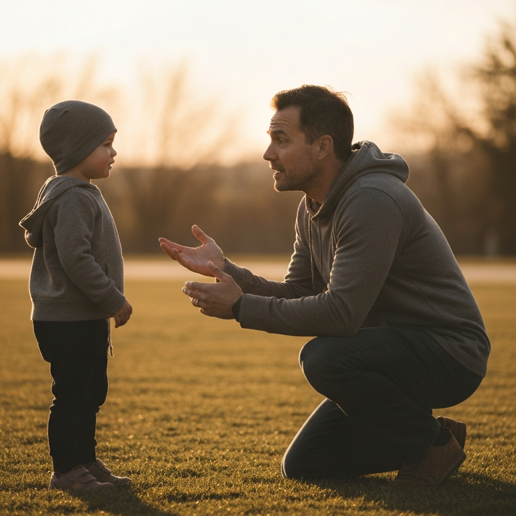A parent kneels down to talk to a child. They are making eye contact and the parent's face expresses empathy. Soft golden hour lighting warms the scene. The background is slightly blurred.