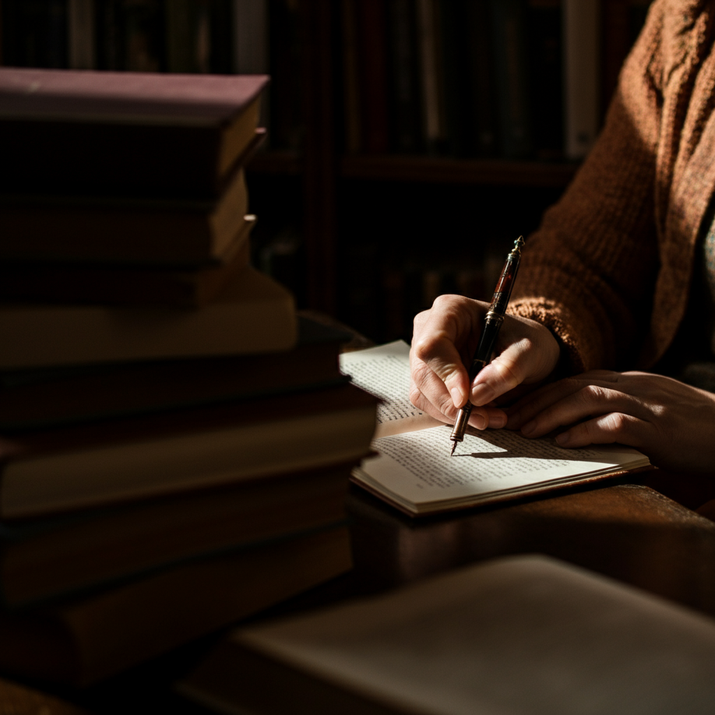 A person sitting peacefully in a sunlit library, surrounded by books, thoughtfully writing in a journal with a vintage pen. Soft focus on the books, sharp focus on the writer's hands.