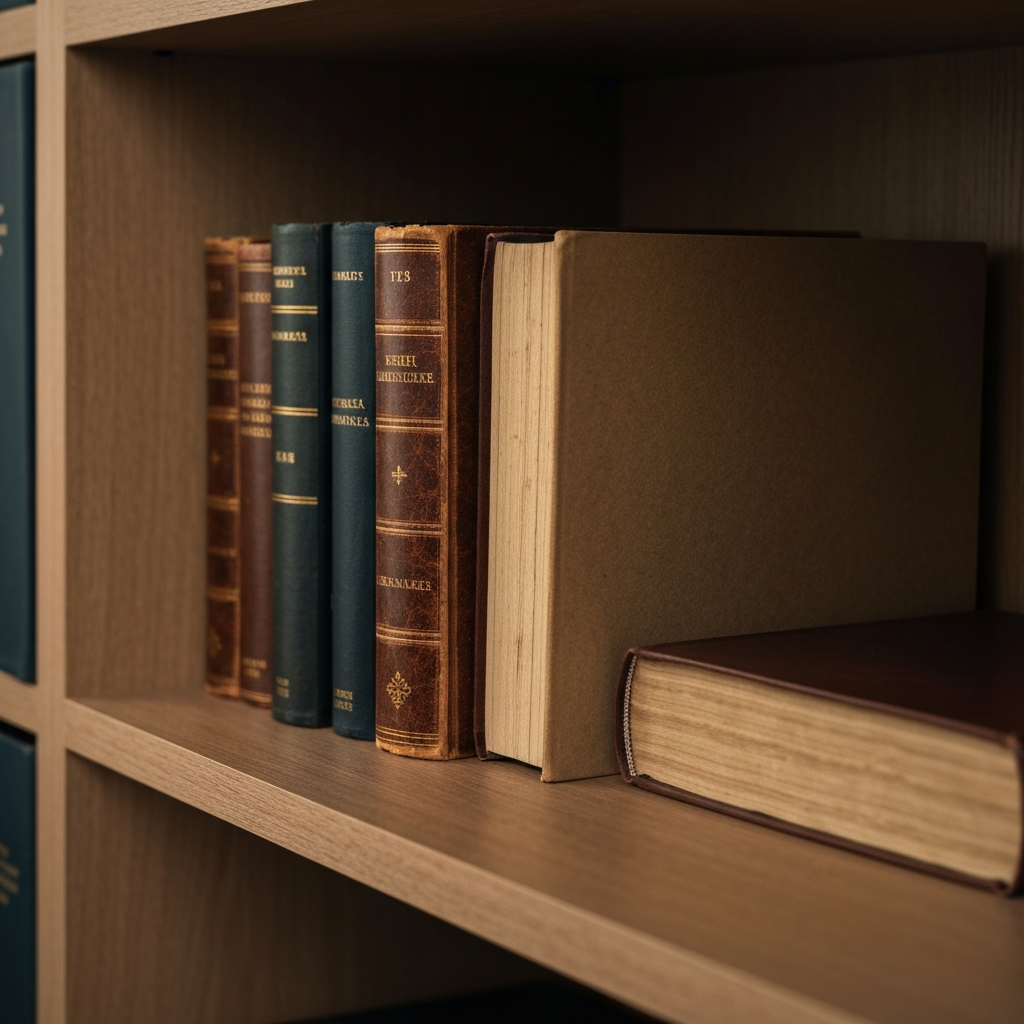 A close-up of several aged books on a wooden bookshelf. Soft, warm lighting highlights the textures of the leather and paper.