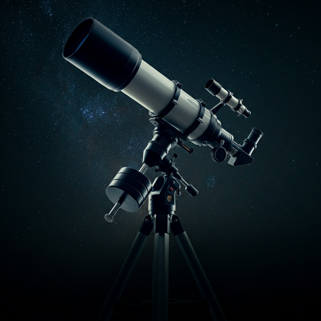 An open telescope pointed towards a starry night sky. A soft, blue glow emanates from the telescope's lens, highlighting the dust motes in the air.
