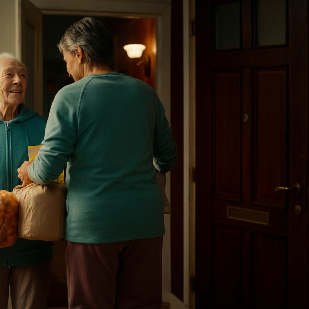 A person helping an elderly neighbor carry groceries to their door. Soft, diffused light illuminates the scene, emphasizing the kindness in their expressions.