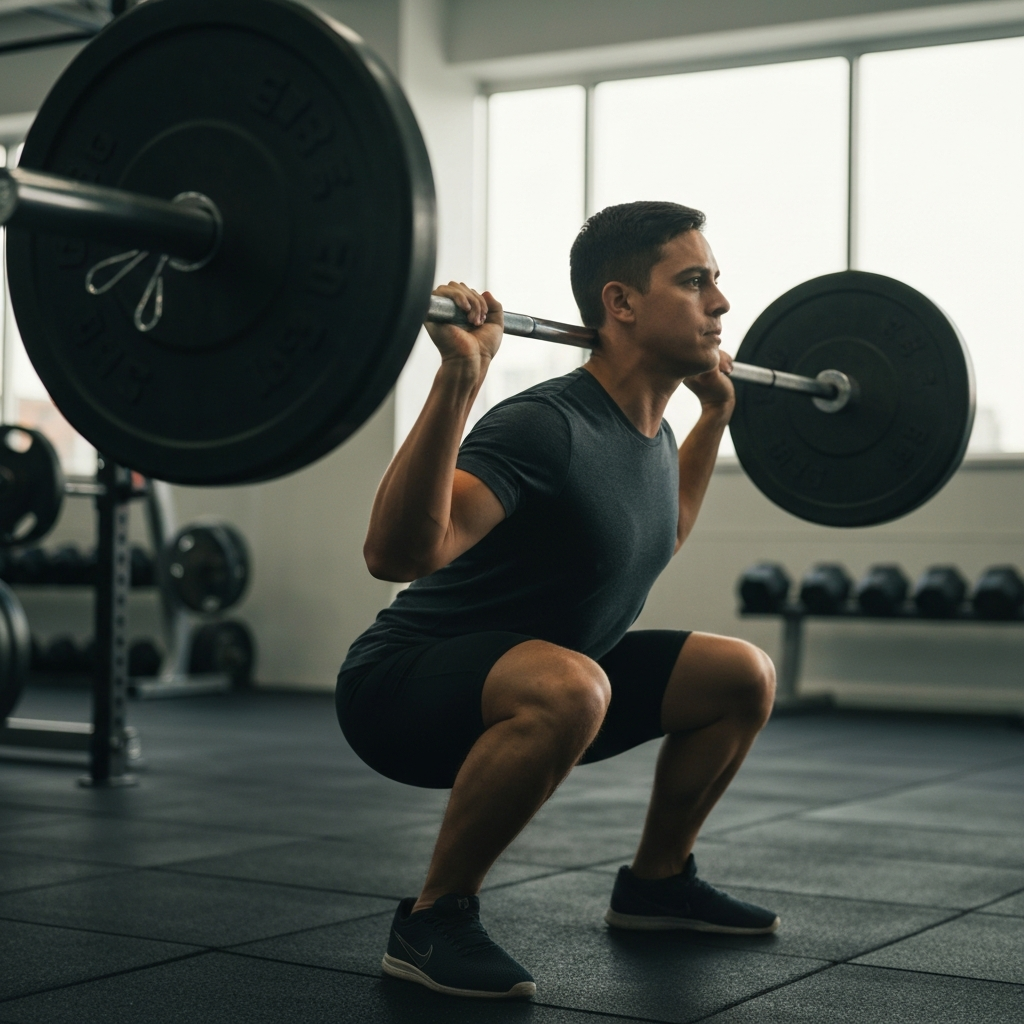 A person in a well-lit, professional gym, lifting a barbell during a squat. The focus is on their form, with a slight blur in the background to isolate the subject. The barbell plates are clearly visible, and the lighting is bright and even.