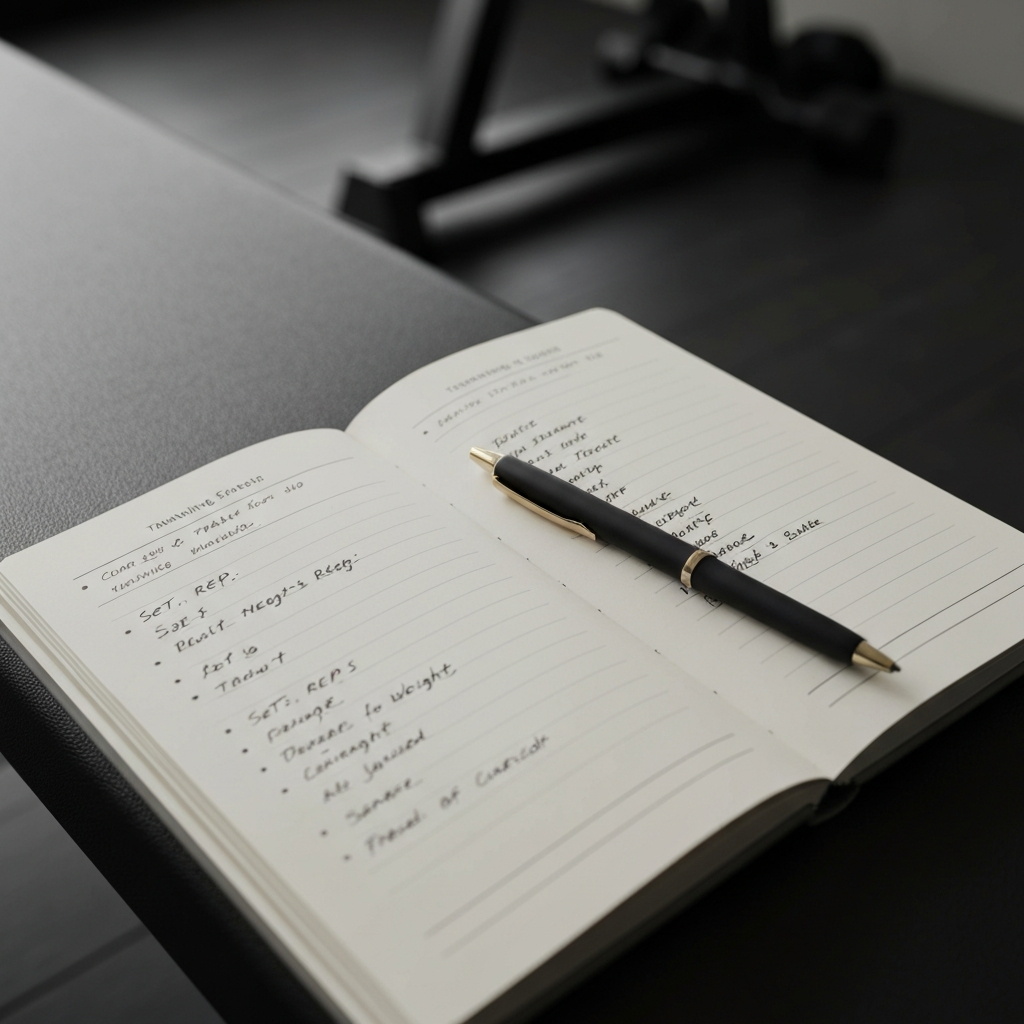 A close-up shot of a weightlifting training journal laying open on a gym bench. A pen rests on the page beside handwritten notes detailing sets, reps, and weights for various exercises. The lighting is soft and natural, highlighting the texture of the paper.