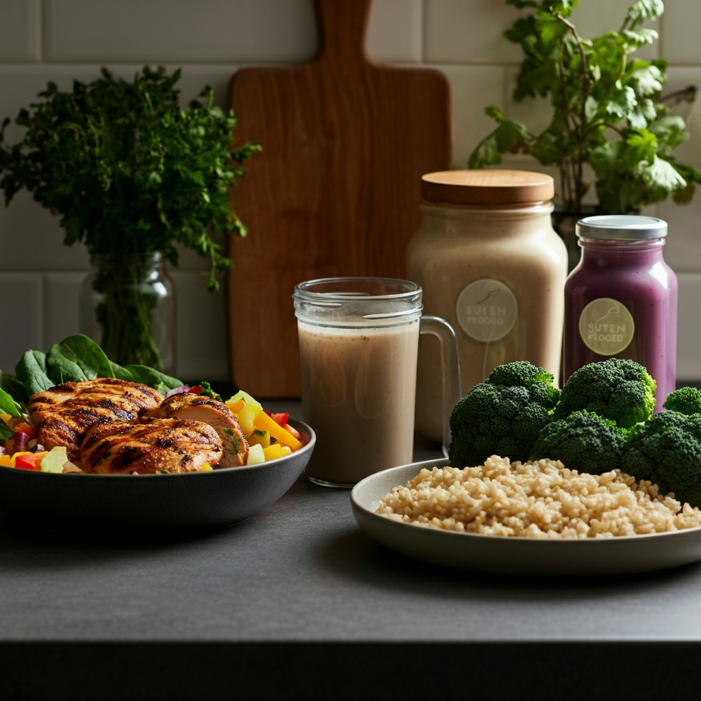 A kitchen counter displaying a variety of healthy food options, including grilled chicken, brown rice, broccoli, and a protein shake. The lighting is bright and inviting, with a focus on the vibrant colors of the food.