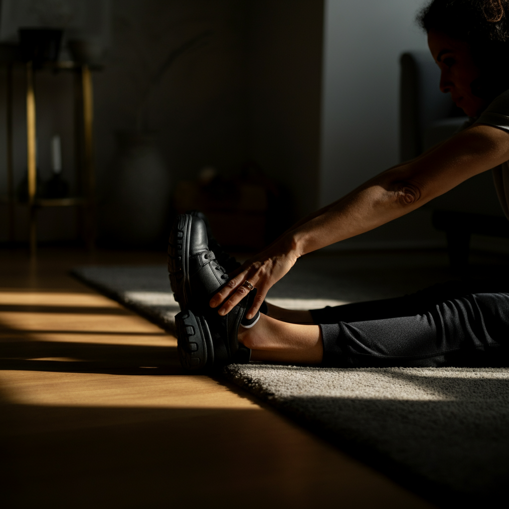 A person stretching in a well-lit living room. Focus is on the stretch and relaxed posture. Natural light streams in from a window, casting soft shadows.