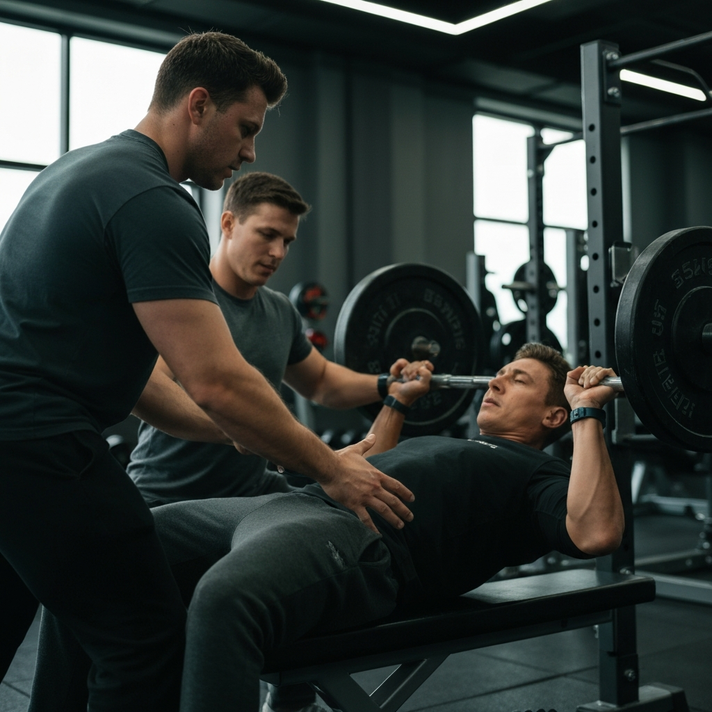Two people in a gym, one assisting the other with a bench press. The focus is on the spotter's support and the lifter's effort. The lighting is bright and motivational.