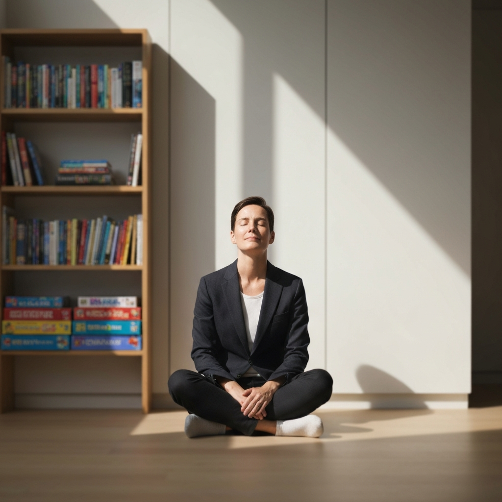 A person sitting cross-legged in a sun-drenched room, eyes closed, with a serene expression on their face. Soft bokeh blurs the background, showing a tidy bookshelf filled with neatly arranged books and games.