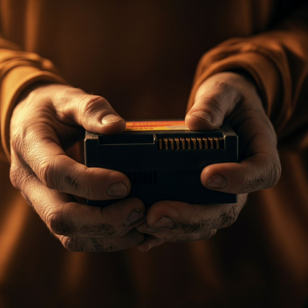 Close-up shot of a person's hands holding a vintage video game cartridge. The hands are gently weathered, and a soft, warm light illuminates the cartridge, highlighting its texture and details. The background is blurred, creating a sense of focus on the object.