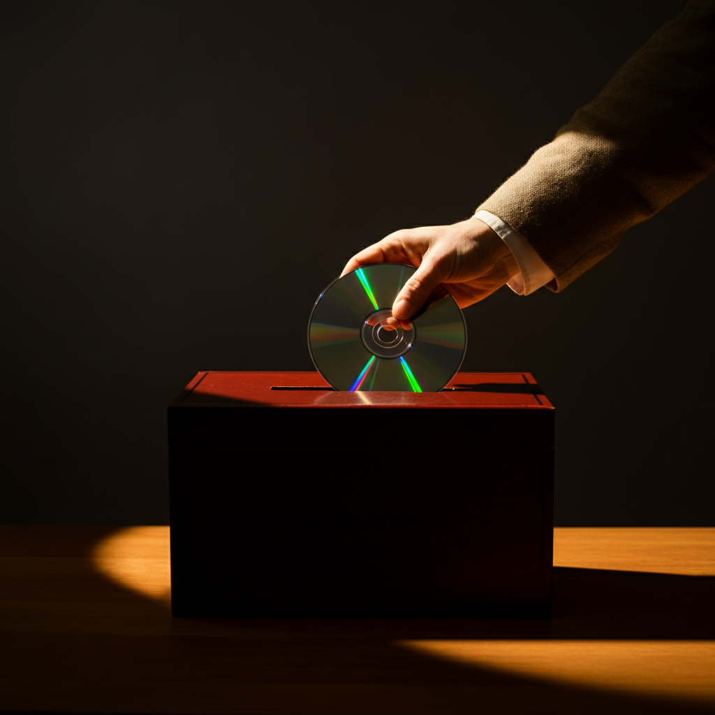 A person gently placing a DVD into a donation box. The light is warm and diffused, creating a sense of peace and closure. The box is clean and organized, symbolizing a respectful departure.