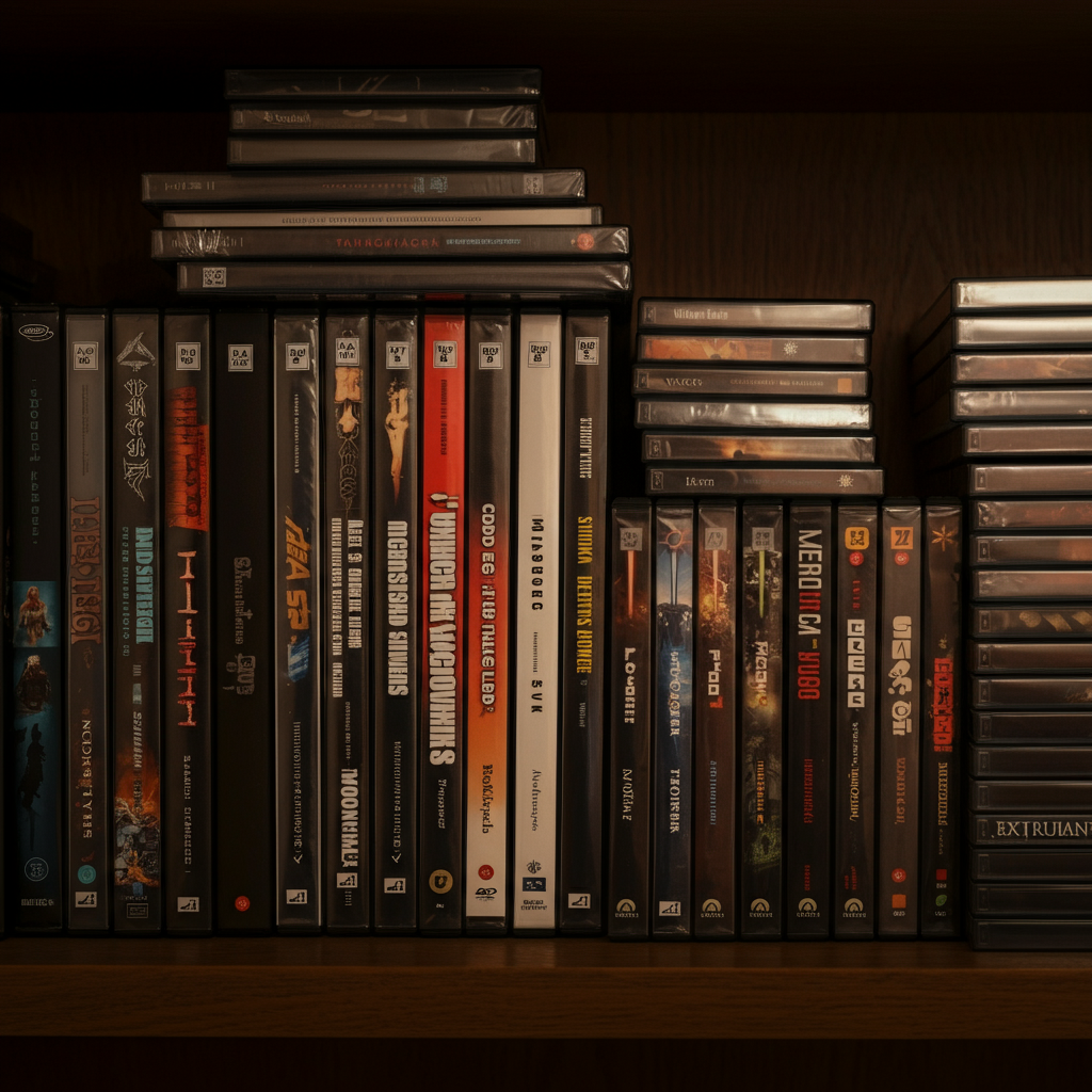 A well-organized shelf containing neatly stacked DVDs and video games. The items are arranged by color and genre, creating a visually appealing display. Soft, diffused light illuminates the shelf, highlighting the textures of the cases.