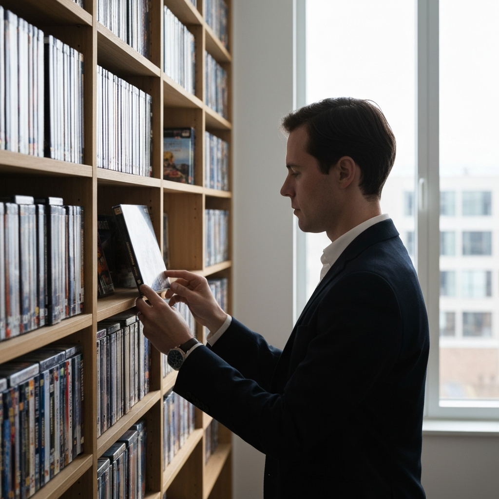 A person browsing a shelf of DVDs and games. They are thoughtfully examining each item, carefully considering whether it brings them joy. The scene is side-lit, casting a shadow on the person's face and creating a sense of introspection.