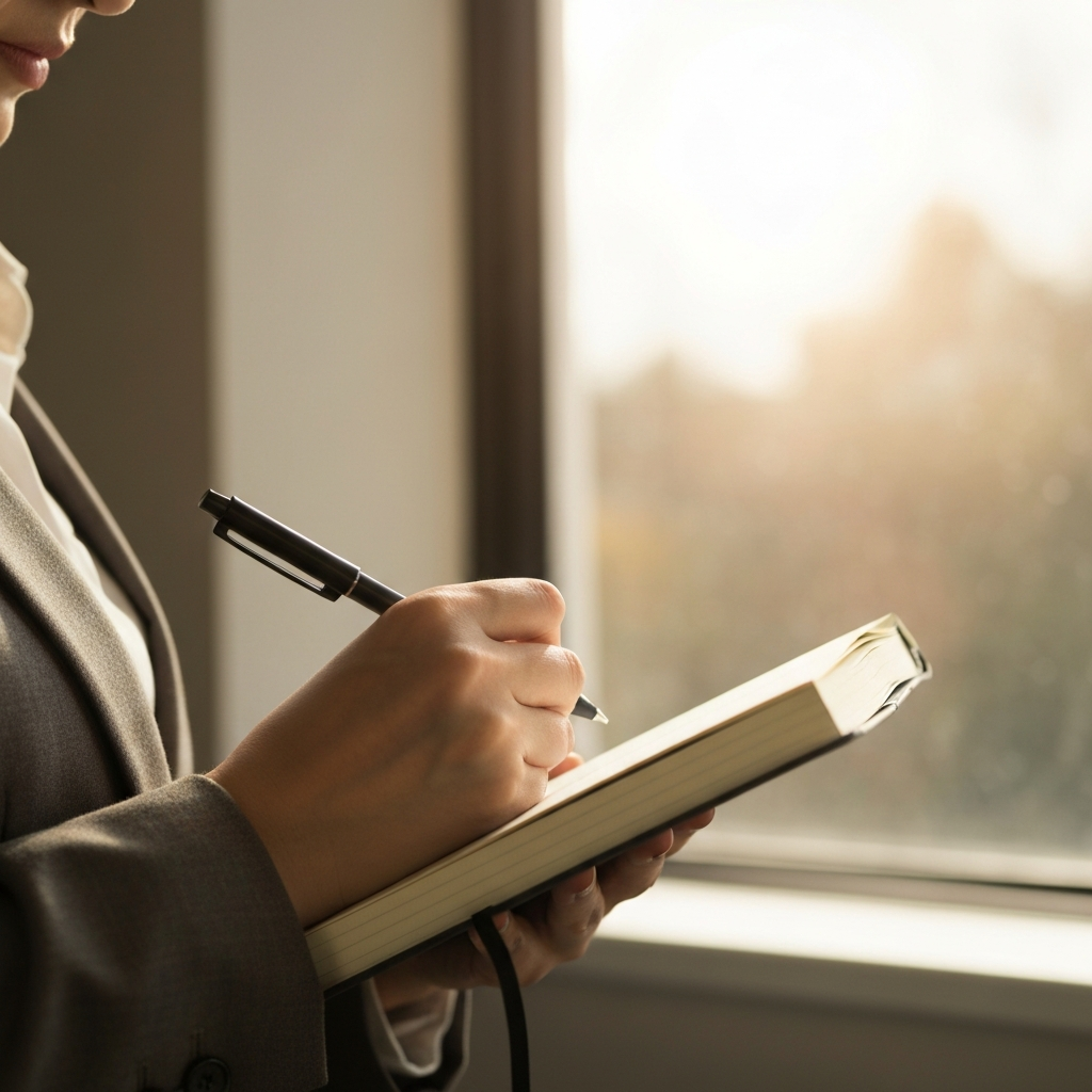 A person journaling by a sunlit window. Soft bokeh effect on the background, focusing on the notebook and pen in hand. The light softly highlights the texture of the paper.