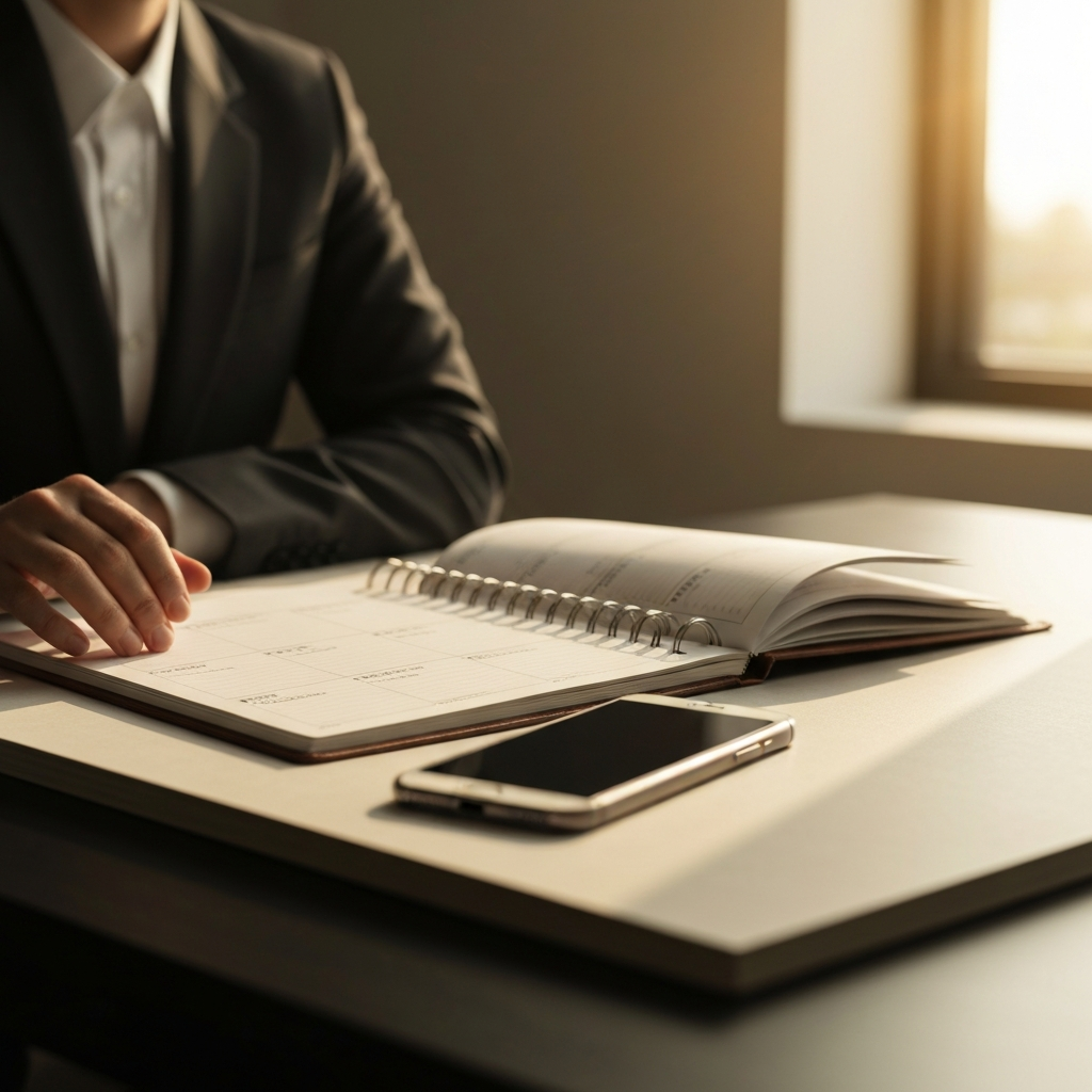 A desk with a planner open, a smartphone lying face down beside it. Golden hour lighting streams through the window, casting a warm glow on the scene. The planner is slightly out of focus, emphasizing the deliberate placement of the phone.