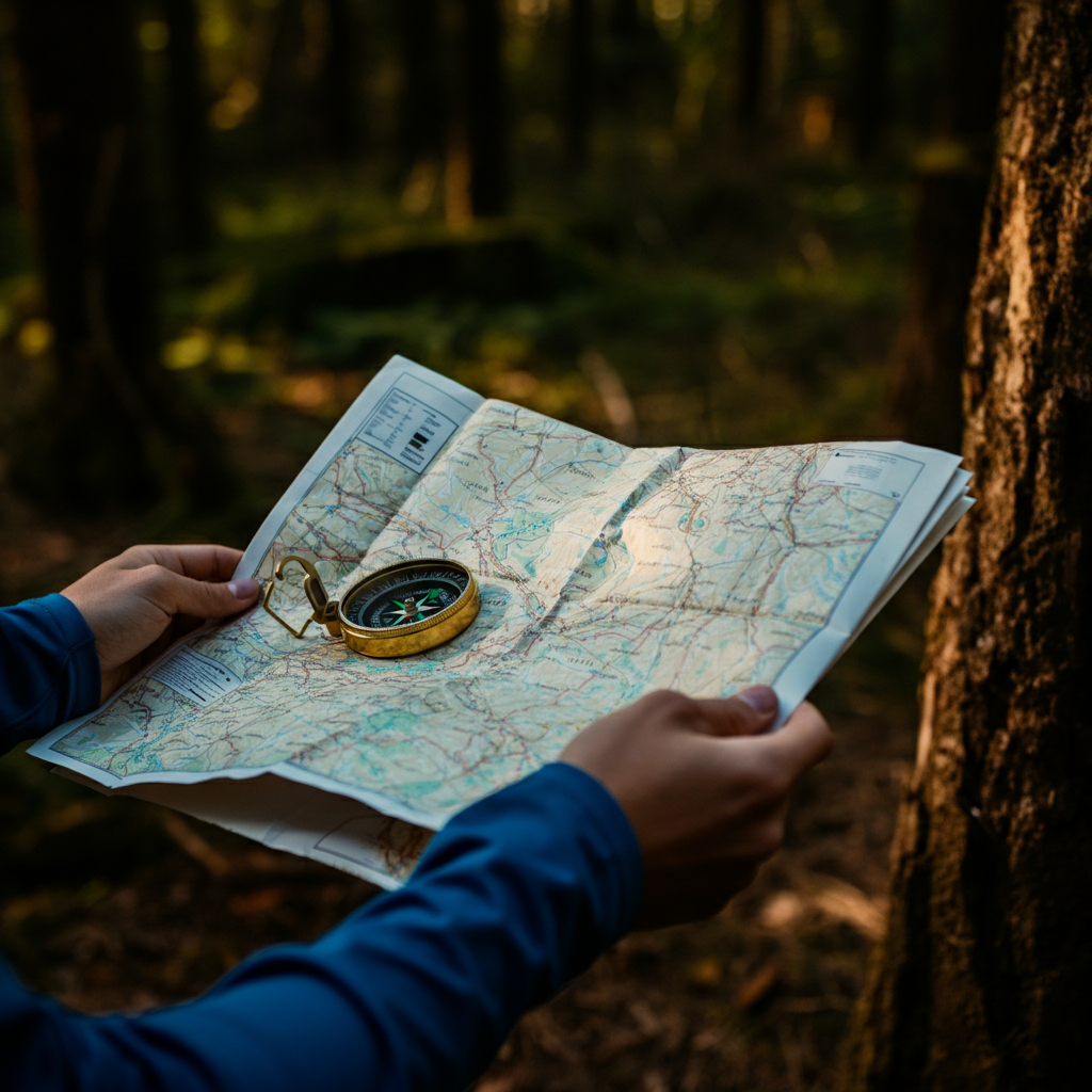Hands holding a well-worn map in a forest setting. Side-lit textures of the map paper and surrounding foliage are clearly visible. A compass rests on the map, suggesting a planned outdoor adventure.