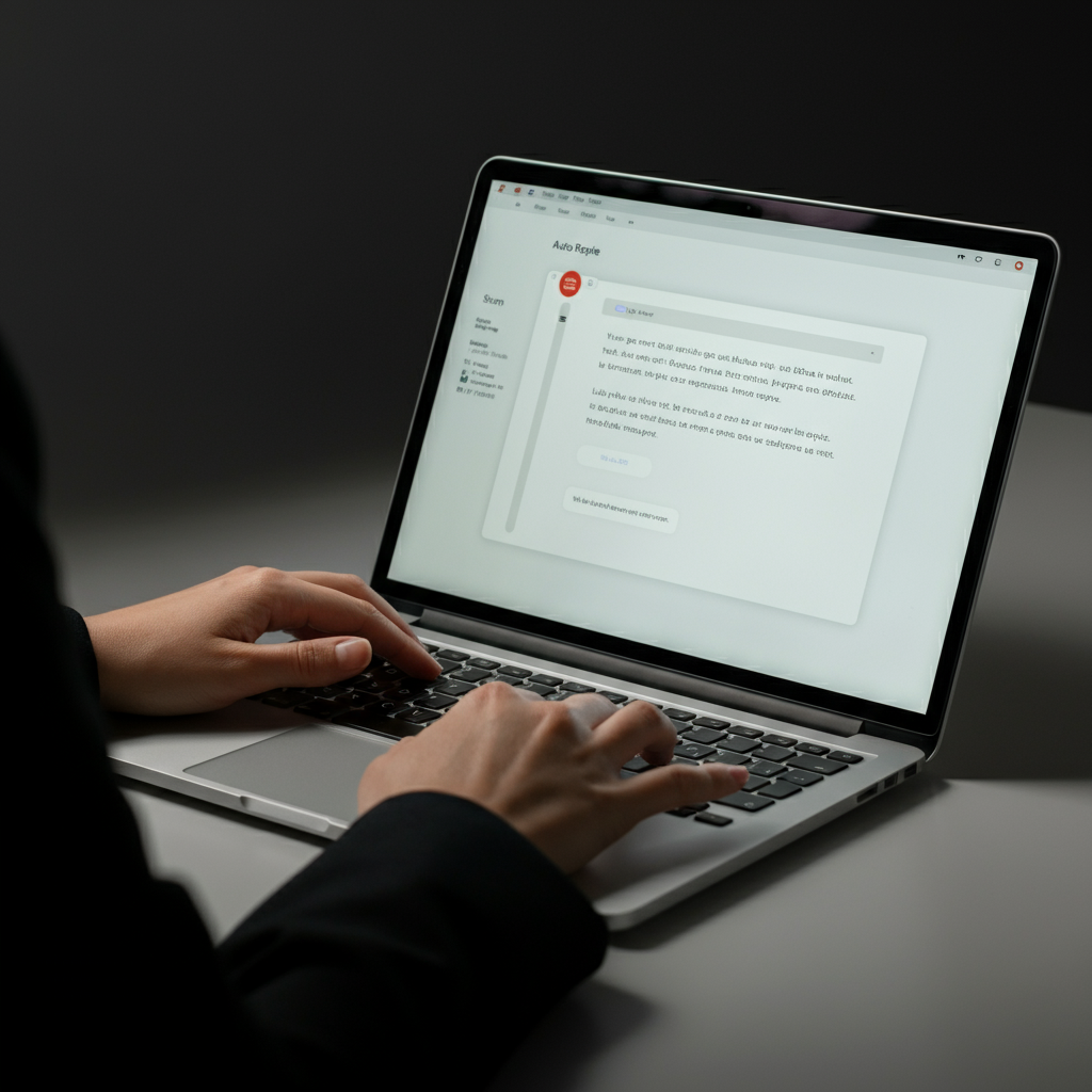 A person typing on a laptop in a brightly lit office. The screen displays an email window with a pre-written auto-reply message. The focus is on the hands and keyboard, suggesting communication and preparation.