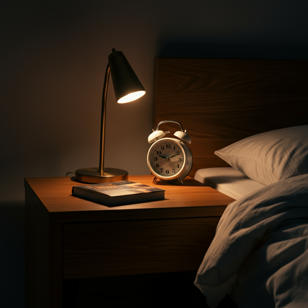 A bedside table with a book, a small lamp, and a traditional alarm clock. The room is dimly lit, creating a cozy and relaxing atmosphere. The focus is on the tactile textures of the book cover and the clock face.