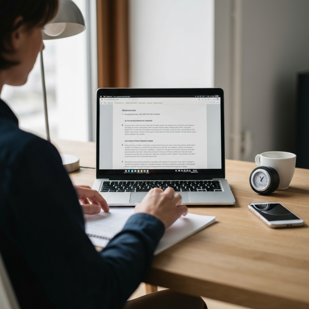 A person sitting at a desk, working on a laptop. The focus is on the screen, which displays a work-related document. A timer is visible on the desk, reminding the person to stay within their allotted time.