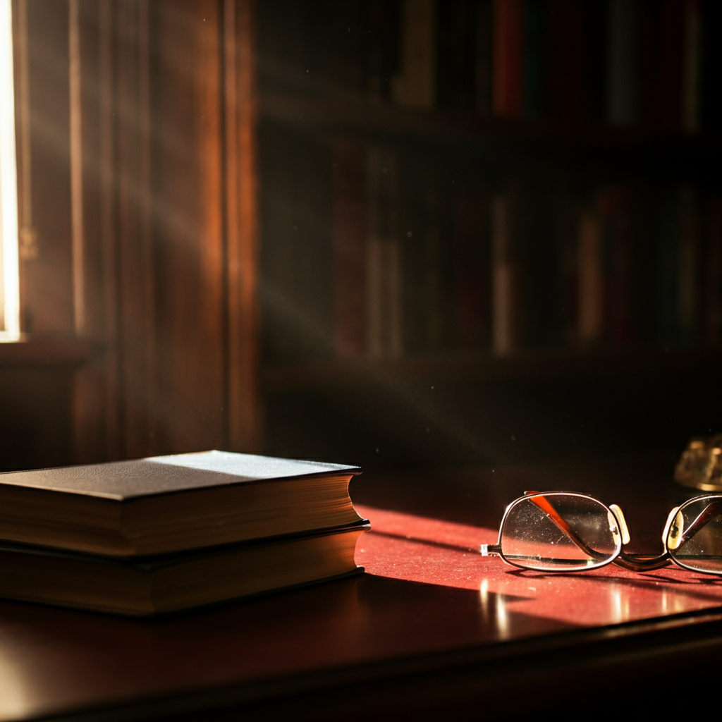 A dimly lit library. Sunlight streams through a window illuminating dust motes. A stack of well-worn books sits on a mahogany desk next to a pair of spectacles. Focus is on the aged texture of the leather book bindings and the soft bokeh of the window light.