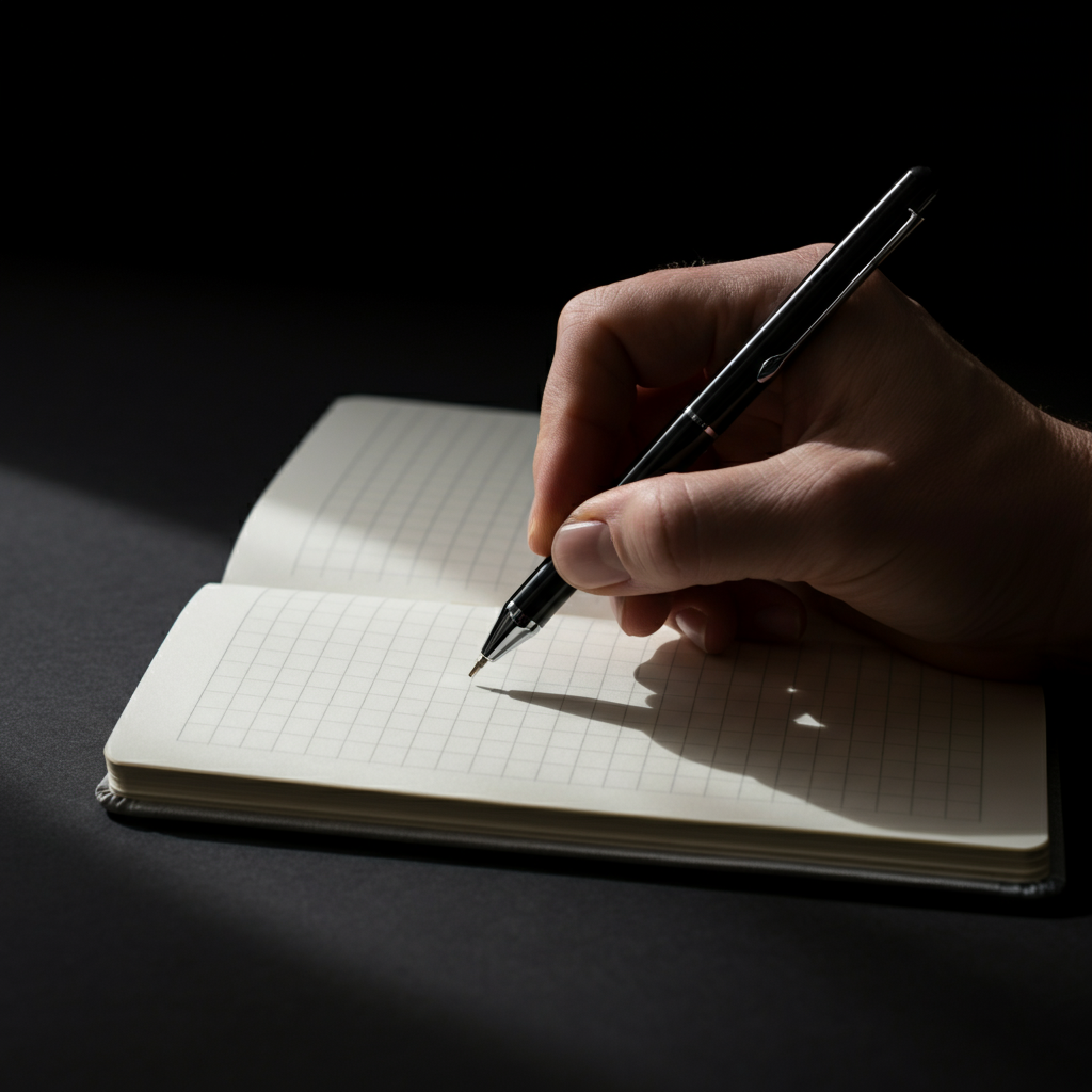 A hand holding a pen hovering over a notebook. The notebook is open to a blank page with a faint grid pattern. Soft overhead lighting illuminates the hand and notebook, casting a gentle shadow.