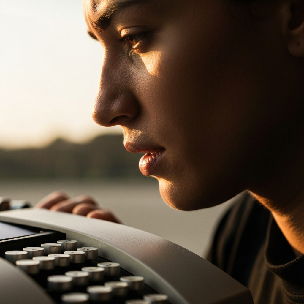 A close-up of a person's face, deep in concentration, as they type on a vintage typewriter. The keys are slightly blurred, and the paper has a textured surface. Soft side-lighting highlights the contours of the face.