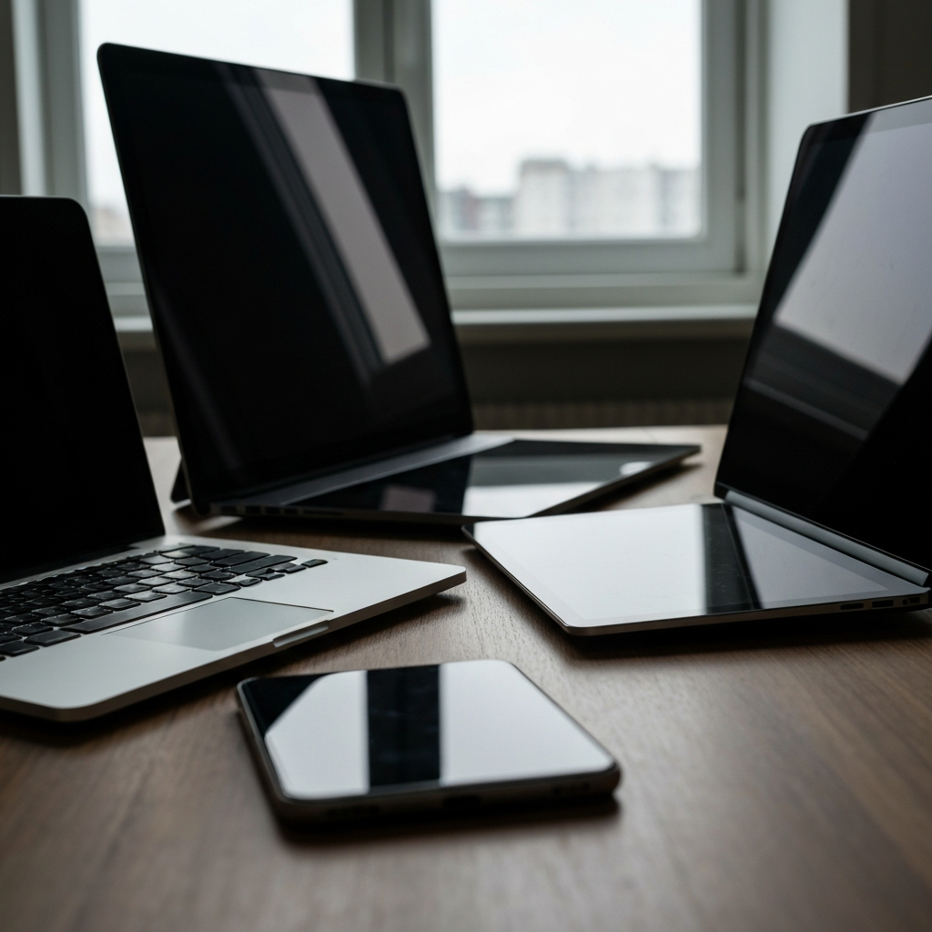 A workspace with various communication devices: a laptop, a tablet, and a smartphone, all arranged neatly on a wooden desk. Natural light streams in from a nearby window. Focus is on the subtle reflections on the screens.