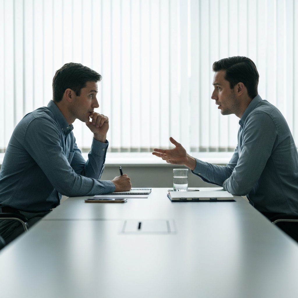 Two people sitting across from each other at a conference table, engaged in a conversation. One person is leaning forward, attentively listening, while the other speaks. Soft, diffused light fills the room.