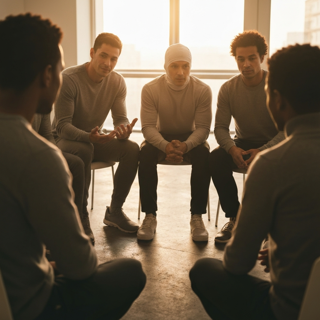 A group of diverse individuals sitting in a circle, actively listening to one another. Soft, ambient lighting creates a sense of intimacy and trust. The focus is on facial expressions and body language that indicate genuine engagement.