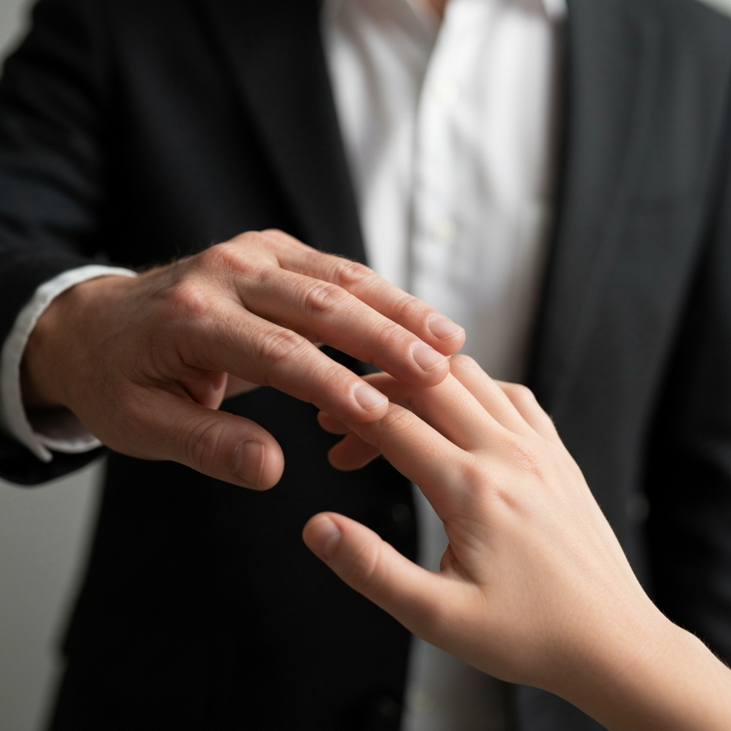 A mature hand gently touching a younger hand, symbolizing forgiveness and understanding. Shallow depth of field with a blurred background creates a sense of intimacy and focus on the connection between the two hands.