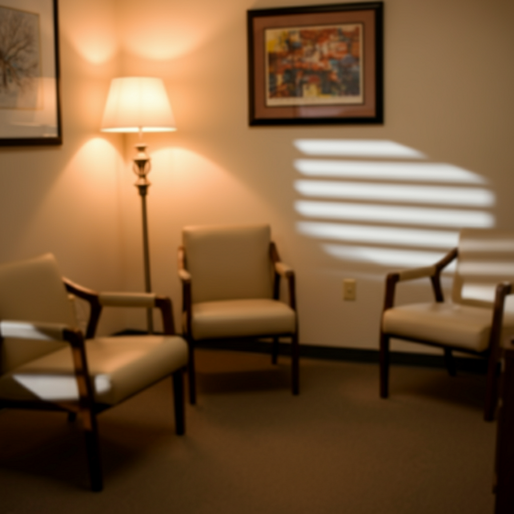 A warmly lit therapist's office with comfortable seating. Soft, natural light and calming colors create a sense of tranquility and trust. A framed picture hangs slightly out of focus on the wall.