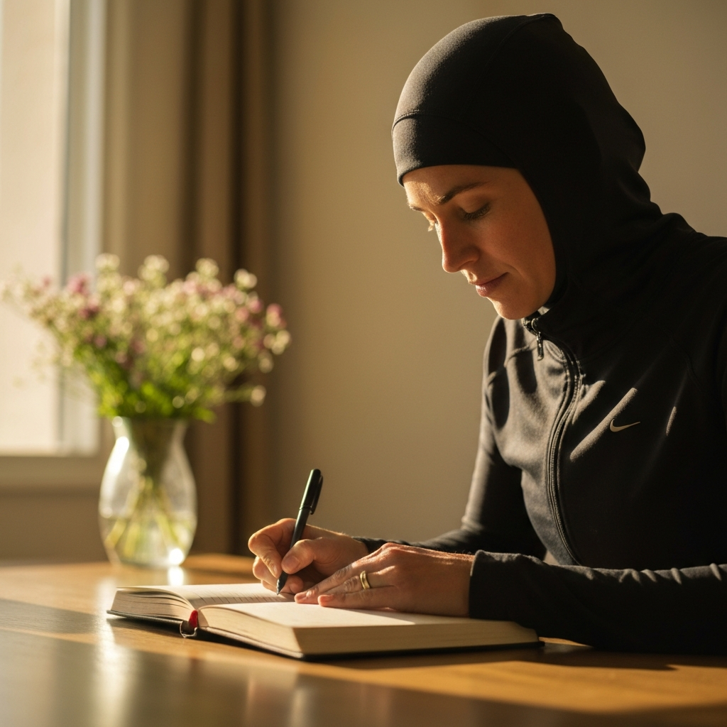 A person writing in a journal in a quiet, naturally lit room. Soft bokeh in the background highlights a vase of flowers. The person's expression is calm and focused.