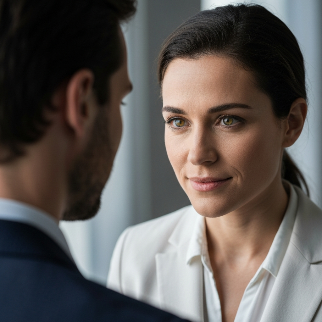 A person looking directly at another person with a gentle but firm expression. Soft, diffused light illuminates their faces. Background is slightly blurred to emphasize the connection.