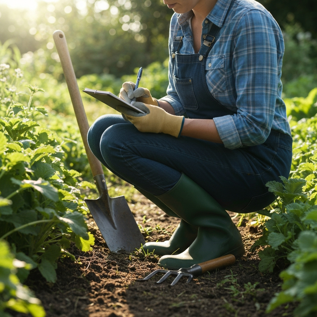 A gardener wearing gloves and boots, crouched down in an overgrown garden, using a notepad and pen to make notes about different plants. The sun is diffused through the foliage, creating soft shadows. A spade and gardening shears are lying nearby on the soil.