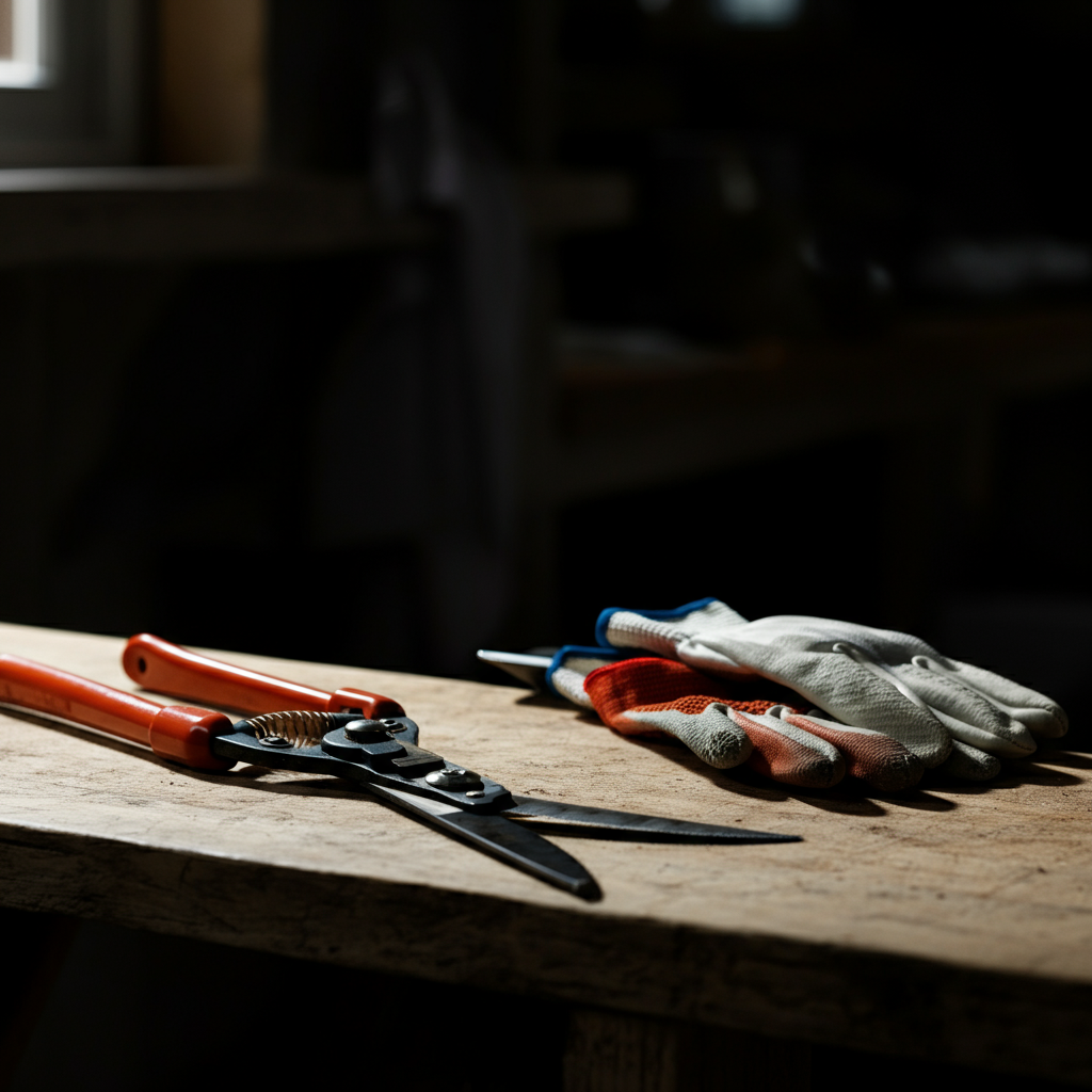 A close-up shot of gardening tools – loppers, pruning shears, a hand trowel, and a pair of gardening gloves – neatly arranged on a wooden workbench. The tools are clean and well-maintained, and the gloves are slightly worn.
