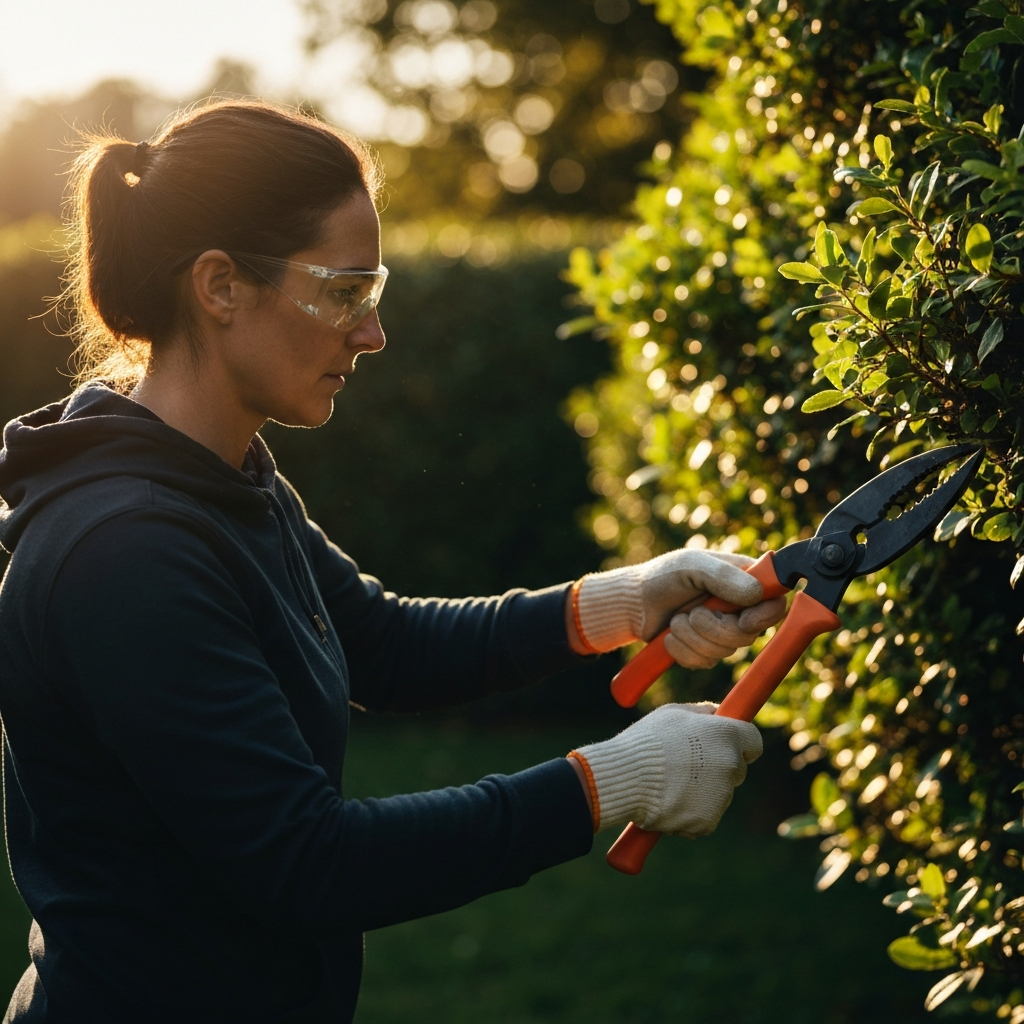 A person wearing gardening gloves and safety glasses using loppers to cut back overgrown branches of a shrub. Sunlight is filtering through the leaves, creating dappled shadows. The background is slightly blurred.