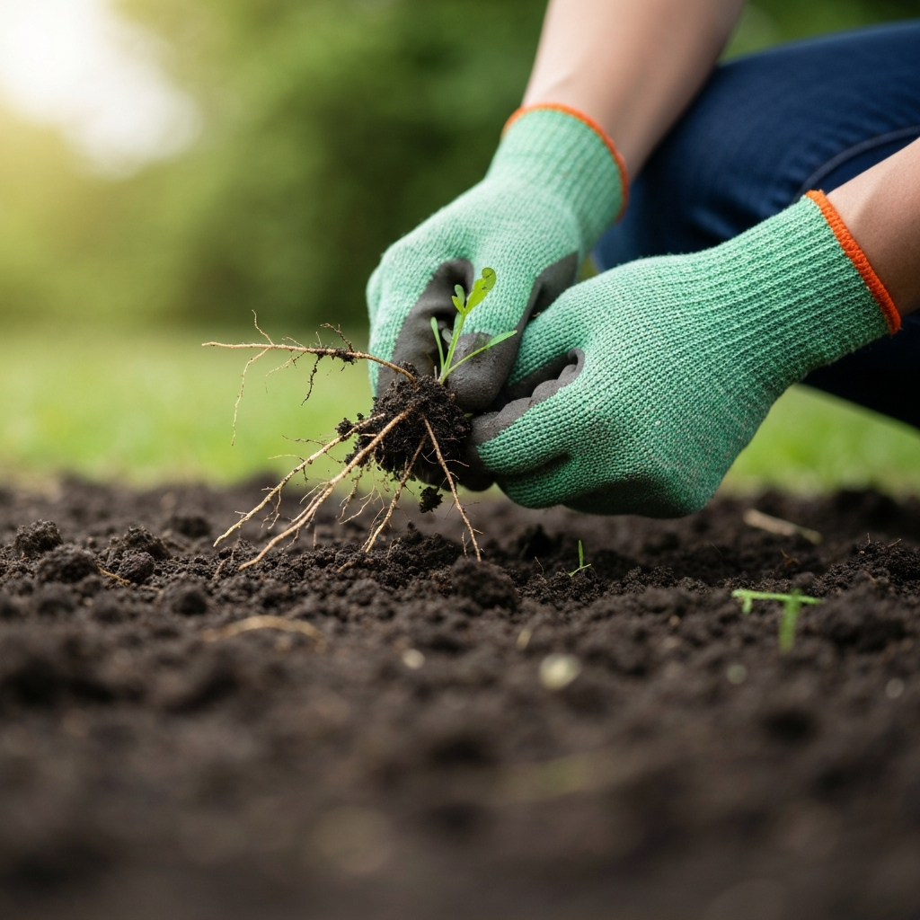A close-up shot of hands wearing gardening gloves pulling weeds from the soil. The soil is dark and moist, and the roots of the weeds are visible. Soft bokeh in the background.