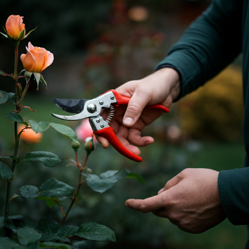 A gardener carefully pruning a rose bush with sharp pruning shears. The rose bush is healthy and vibrant, with several buds and blooms. The background is a blurred garden scene with other flowers and greenery.