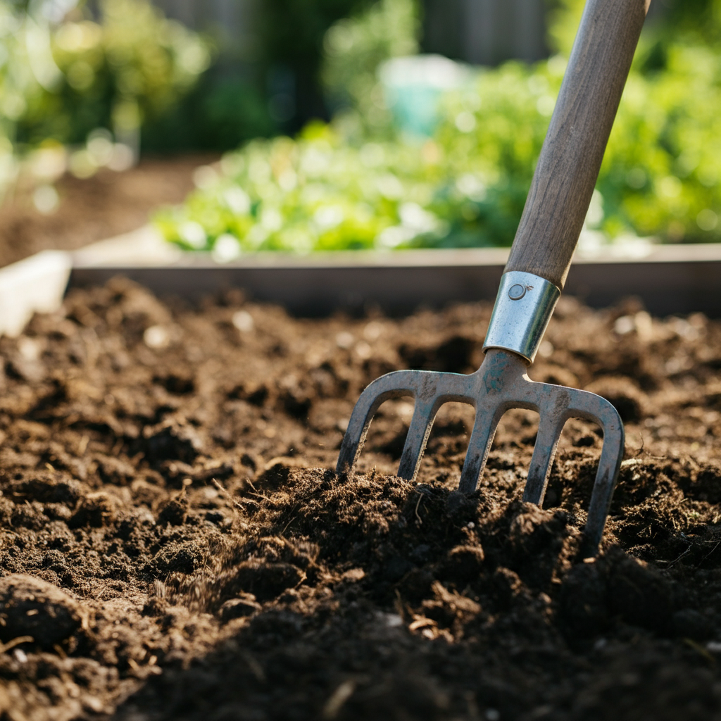 A person using a garden fork to turn over soil in a garden bed. The soil is dark and rich, and there are visible pieces of compost mixed in. The sun is shining, and the garden looks healthy and vibrant.