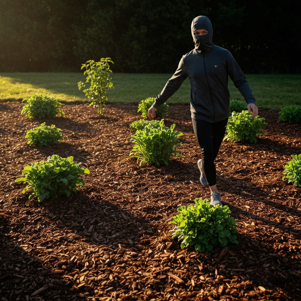 A garden bed with freshly laid mulch around various plants. The mulch is a dark brown wood chip variety, and the plants are healthy and green. Golden hour lighting creating long shadows.