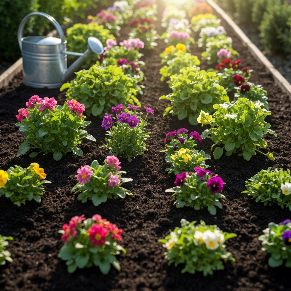 A newly planted garden bed with a variety of colorful flowers and green plants. The plants are thriving, and the sun is shining. A watering can sits nearby.