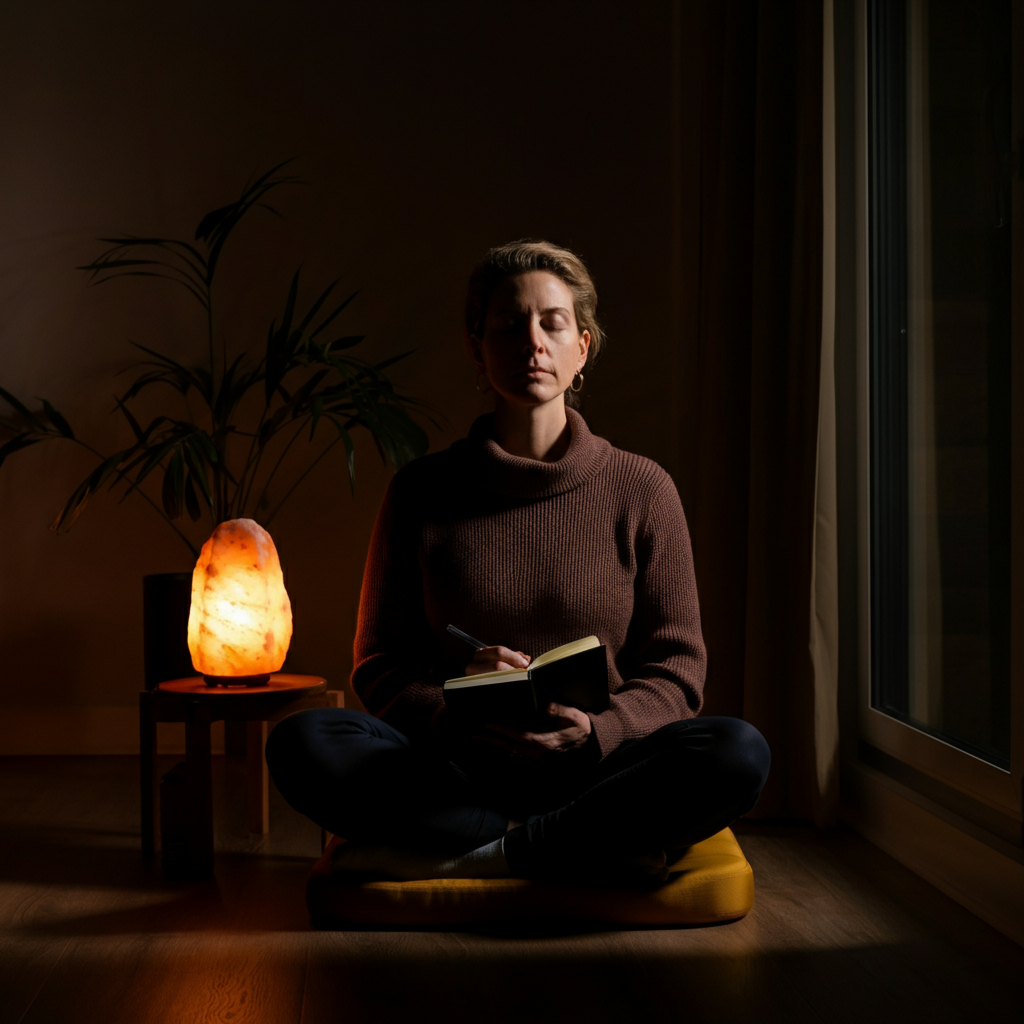 A person sits cross-legged on a meditation cushion in a dimly lit room, bathed in the soft glow of a Himalayan salt lamp. The room has minimalist decor with a single houseplant in the corner. The person holds a journal and pen, their expression thoughtful.