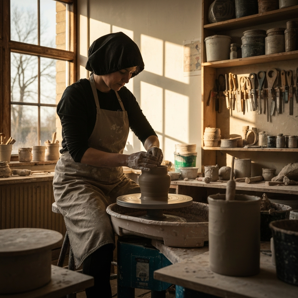 A brightly lit workshop filled with various creative tools and materials. A woman wearing an apron is focused on sculpting clay on a potter's wheel. Sunlight streams through the window, casting long shadows.