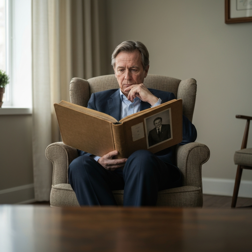 A person sits in a comfortable armchair, holding a worn photo album. The room is filled with soft, natural light, and the person's face is etched with a mix of nostalgia and reflection.