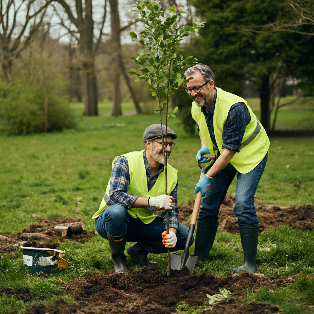 A group of volunteers are planting trees in a park on a sunny day. They are smiling and laughing, clearly enjoying their work. The scene is vibrant and filled with life.