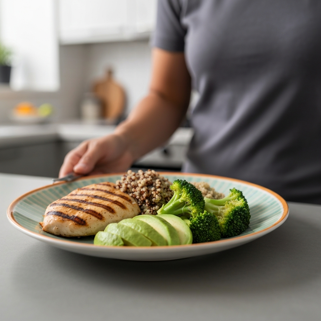 A close-up shot of a colorful plate filled with grilled chicken breast, quinoa, steamed broccoli, and avocado slices, side-lit to accentuate the textures of each food item. Soft bokeh in the background shows a modern kitchen.