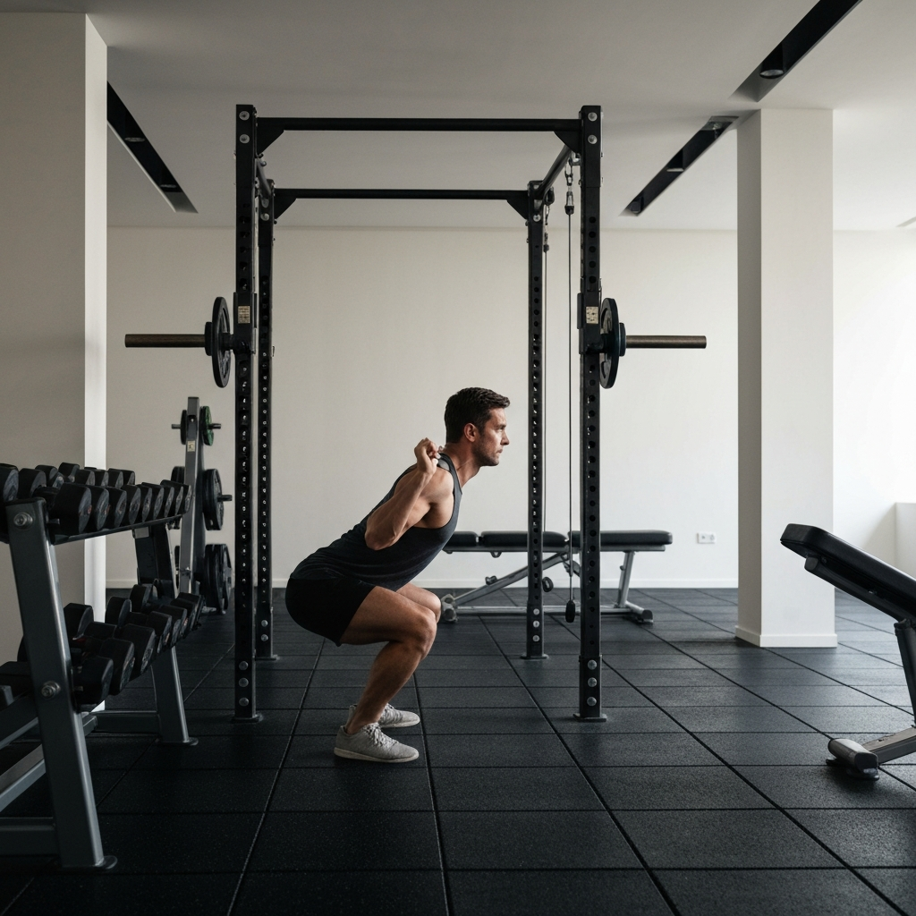 A well-equipped gym, showing a person performing a barbell squat with proper form. The lighting is bright and even, highlighting the person's muscles and the equipment.