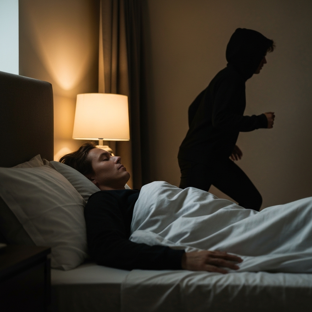 A dimly lit bedroom, showing a person lying comfortably in bed, eyes closed, with soft bedding and a bedside lamp casting a warm glow. Emphasis on textures of linen and soft lighting for relaxation.