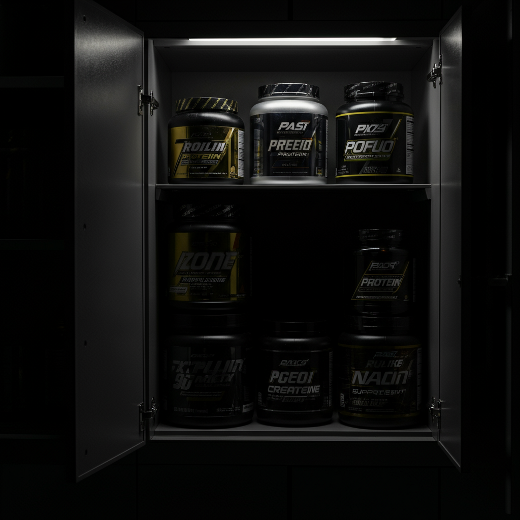 A clean, well-organized supplement cabinet, showing various containers of protein powder, creatine, and other supplements. Focus on clear labeling and professional packaging.