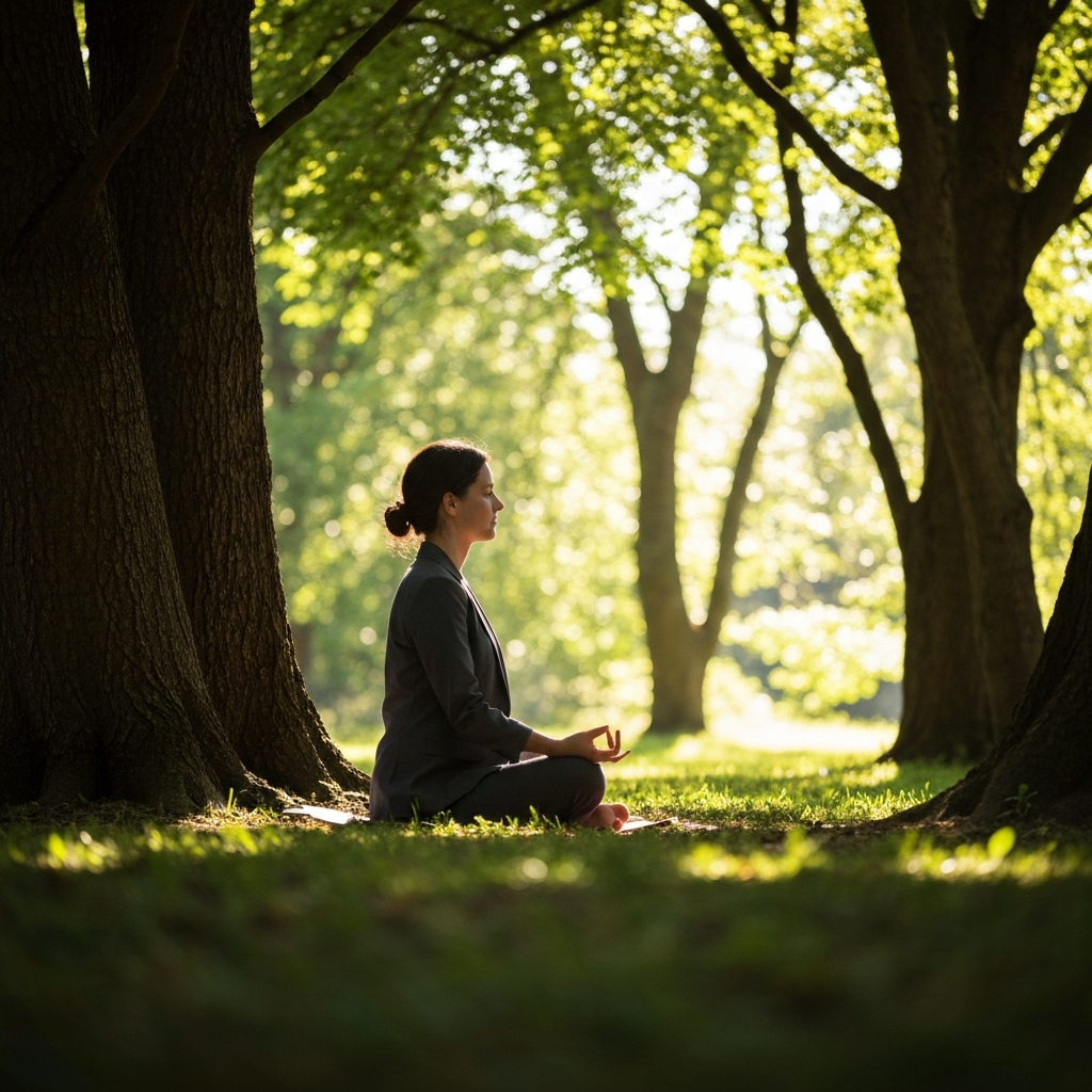 A serene outdoor setting, showing a person meditating in a seated position, with trees and sunlight filtering through the leaves creating dappled light. Focus on calmness and nature's textures.