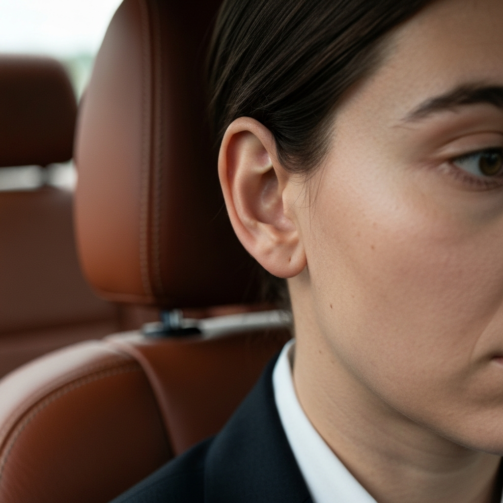 Close-up of a person's ear, slightly side-lit, with a blurred background of a car interior. Soft bokeh on the leather seats.